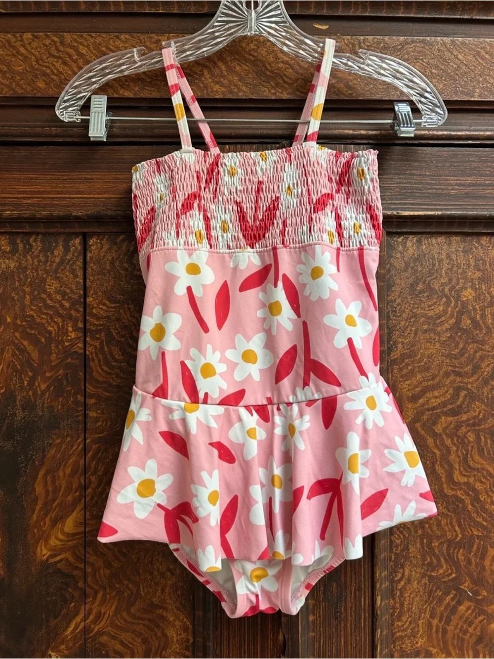 Hanna Andersson Pink Floral Daisy One-Piece Swimsuit with Red Accents